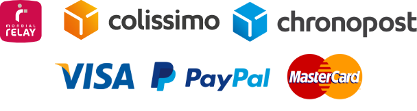 Icon des mode de livraison et de payement. Colissimo; Mondial Relay; Chronopost; VISA; Paypal. MasterCard